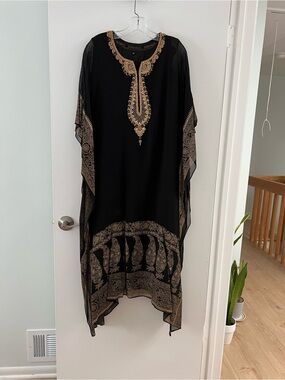 Black Embroidered Kaftan Dress with Gold Accents